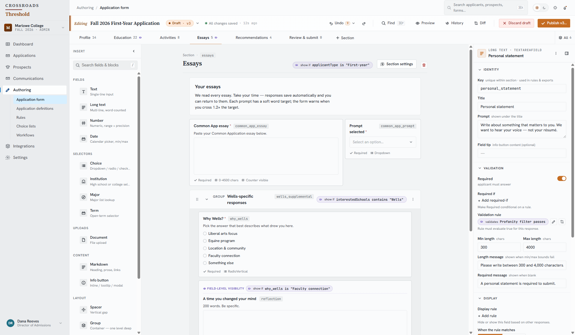 Enlarged application builder draft and version indicator reading Draft · v3.