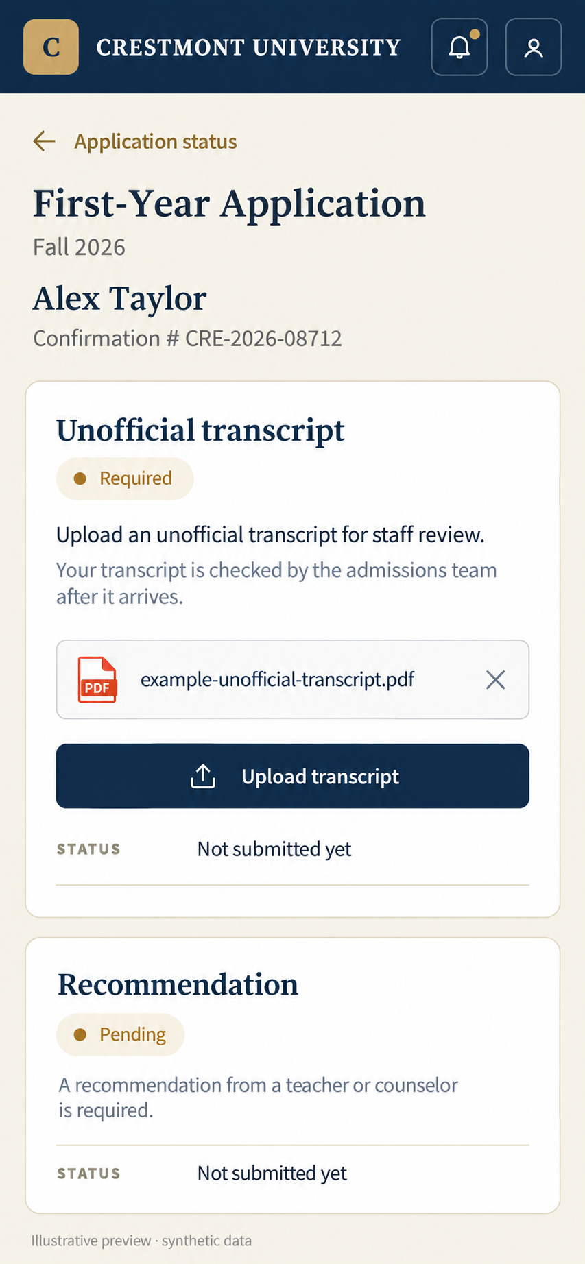 Illustrative applicant checklist with instructions to provide an unofficial transcript and an upload action.