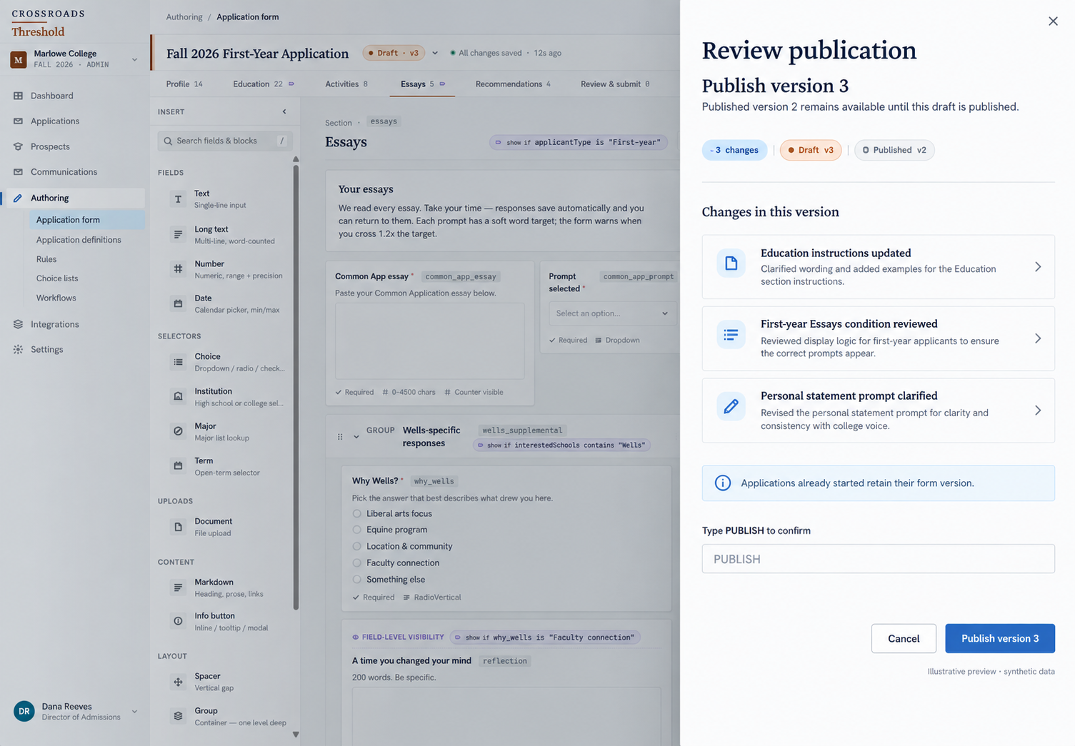 Illustrative review of application changes before publication.